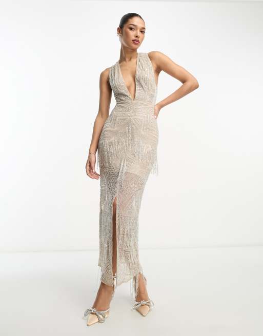 ASOS EDITION - Vestito midi fasciante con spalline incrociate sul retro grigio pallido con frange di perline e paillettes 