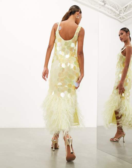 ASOS EDITION - Vestito midi giallo limone con paillettes e piume sintetiche  sul fondo