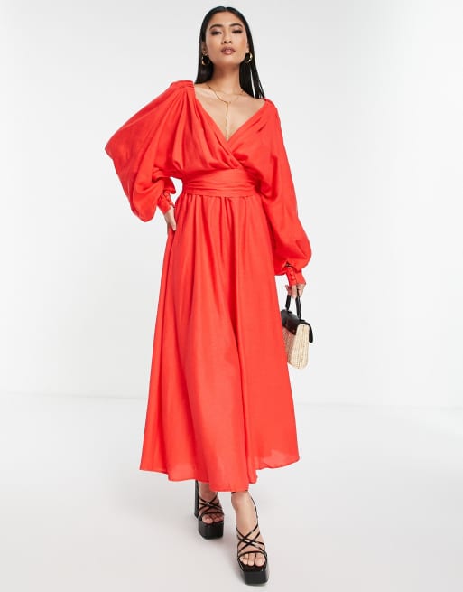 ASOS Edition - Vestito midi in lino rosso con spalle scoperte e cintura avvolgente