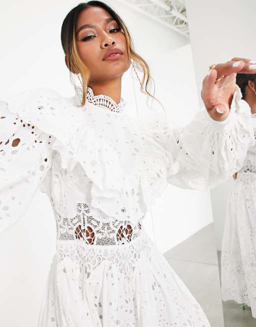ASOS EDITION - Vestito midi in pizzo bianco con volant, 4 di 4