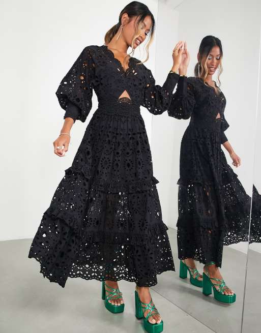 ASOS EDITION - Vestito midi in pizzo con maniche a sbuffo e scollo a V nero, 4 di 4