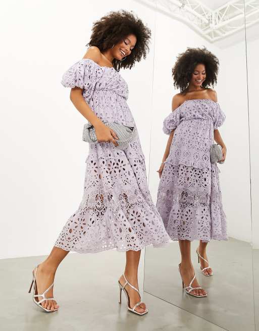 ASOS EDITION - Vestito midi in pizzo bianco con spalle scoperte e cintura  avvolgente