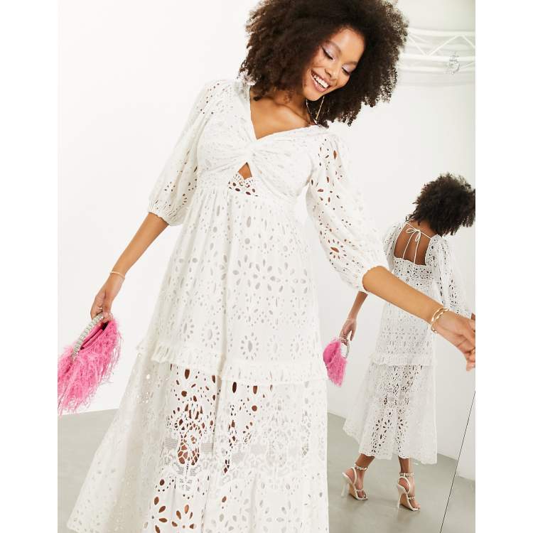 ASOS Edition - Vestito midi in pizzo sangallo bianco con maniche a sbuffo e  incrociato sul davanti