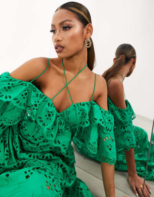 ASOS EDITION - Vestito midi in pizzo verde acceso con volant e spalline