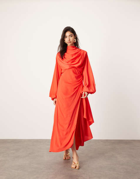 ASOS EDITION - Vestito midi in raso rosso con maniche voluminose a campana - view 1