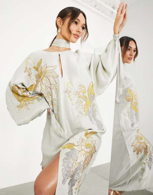 ASOS EDITION - Vestito midi in raso verde salvia a fiori ricamato