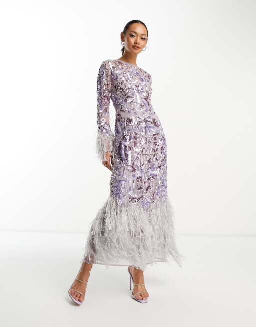 ASOS EDITION - Vestito midi lilla con paillettes, piume sintetiche e frange, 3 di 4