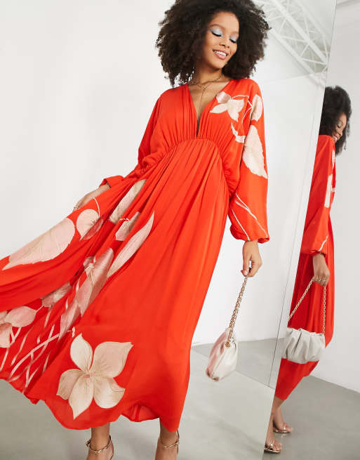 ASOS EDITION - Vestito midi raccolto in vita rosso pomodoro con strascico e ricamo di tulipano, 4 di 4