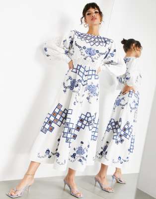 ASOS Edition - Vestito midi ricamato con finiture in pizzo e sangallo-Multicolore  donna Multicolore - immagine2