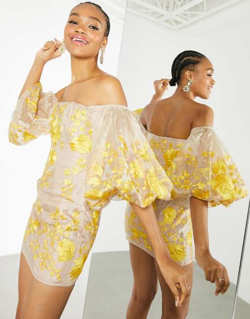ASOS EDITION - Vestito midi ricamato con spalle scoperte in organza