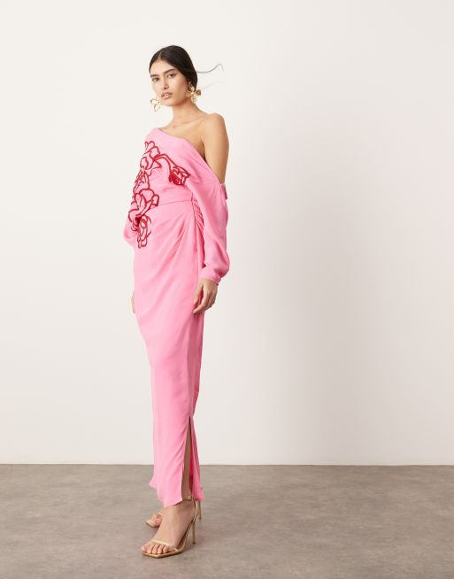 ASOS Edition Vestito midi rosa con ricami floreali e spalla