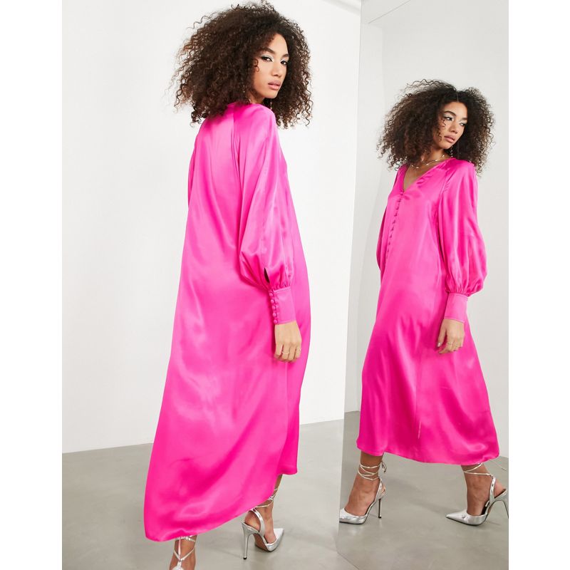 TMqmQ Donna EDITION - Vestito midi rosa vivo con bottoni sul davanti