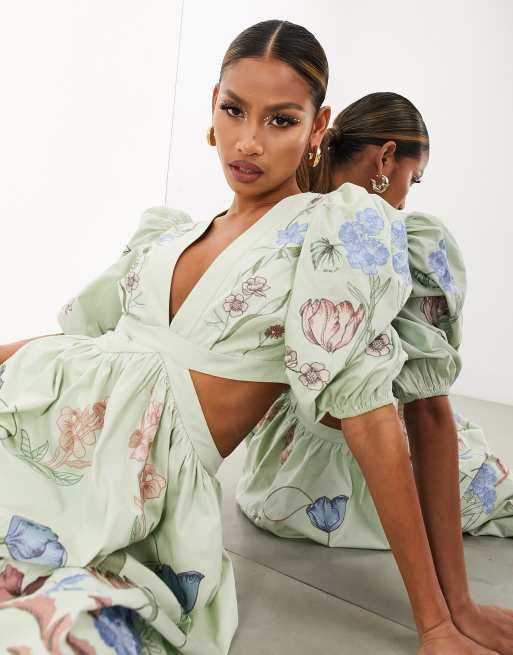 ASOS EDITION - Vestito midi verde salvia a fiori con ricami e cut-out, 2 di 4