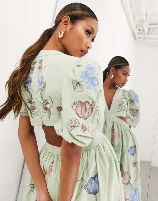 ASOS EDITION - Vestito midi verde salvia a fiori con ricami e cut-out, 4 di 4