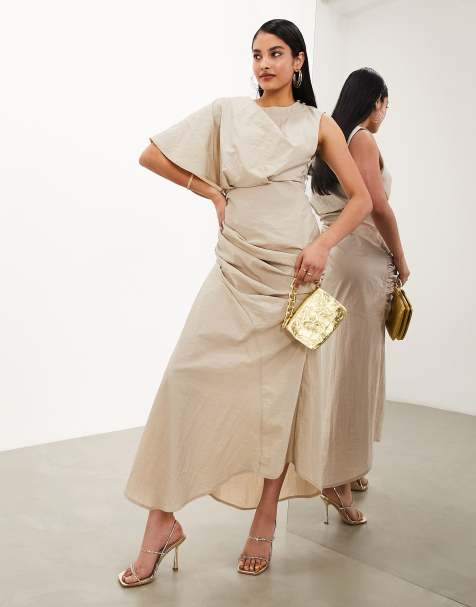 ASOS Edition - Vestito monospalla con gonna al polpaccio e dettaglio arricciato beige slavato - view 1