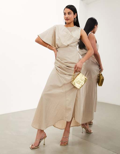 ASOS Edition - Vestito monospalla con gonna al polpaccio e dettaglio arricciato beige slavato