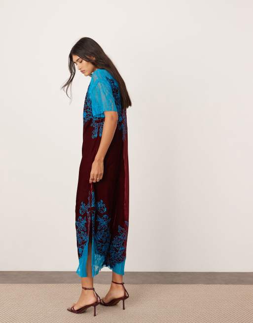 ASOS EDITION – Vinröd, broderad, rak midiklänning i sammet med spetsdetaljer, 2 av 4