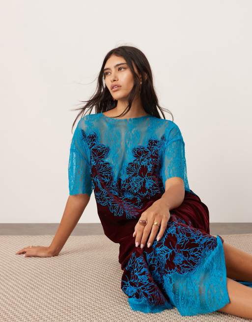 ASOS EDITION – Vinröd, broderad, rak midiklänning i sammet med spetsdetaljer, 3 av 4