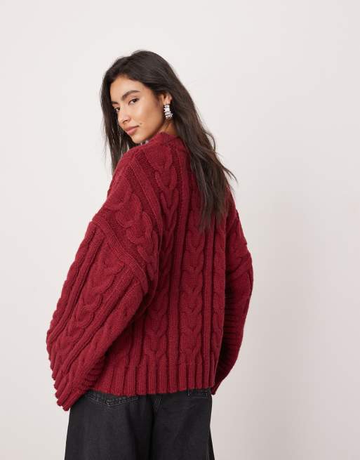 ASOS EDITION – Vinröd kabelstickad tröja i grov modell och oversize, 4 av 4