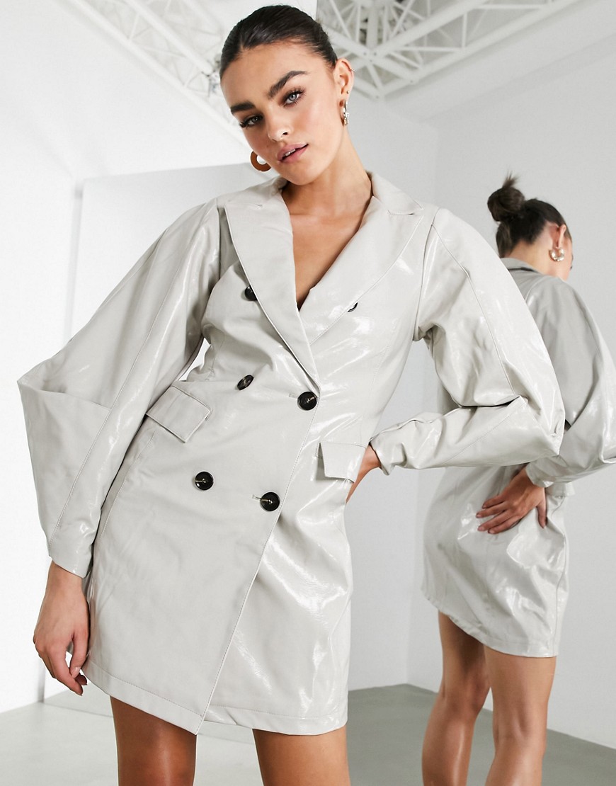ASOS EDITION vinyl double breasted blazer dress in stone-Neutral