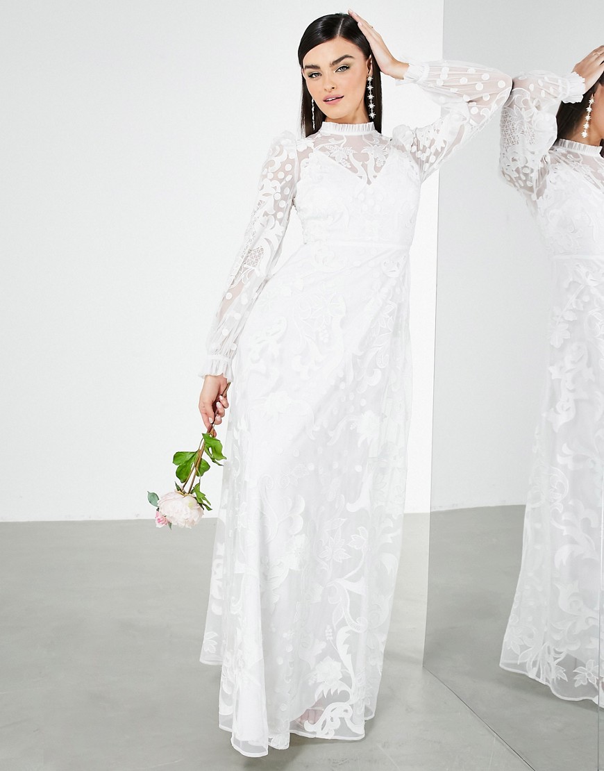 ASOS EDITION Violet placement embroidered wedding dress with high neck-White