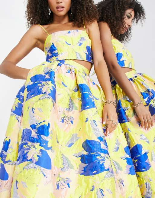 ASOS EDITION - Volle midirok met elastische taille in geverfd bloemenjacquard