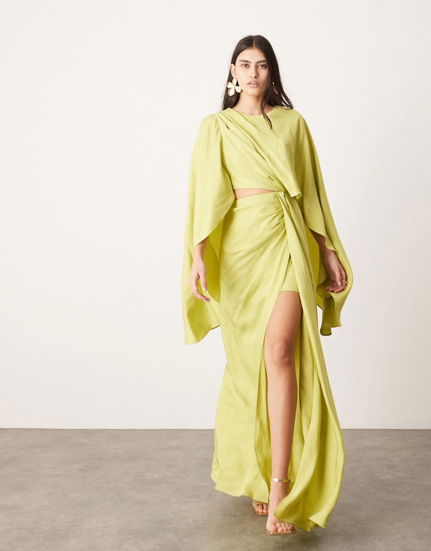 ASOS EDITION volume flare sleeve grecian cut out maxi dress in lime green-Black