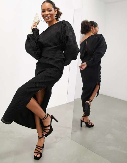 ASOS EDITION volume plisse long sleeve maxi dress in black | ASOS