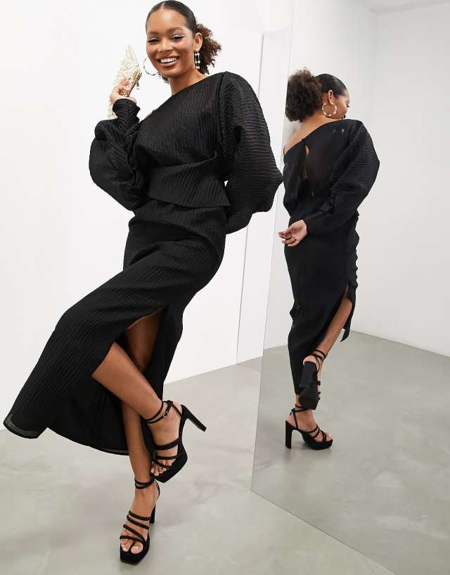 ASOS EDITION - volume plisse long sleeve maxi dress in black