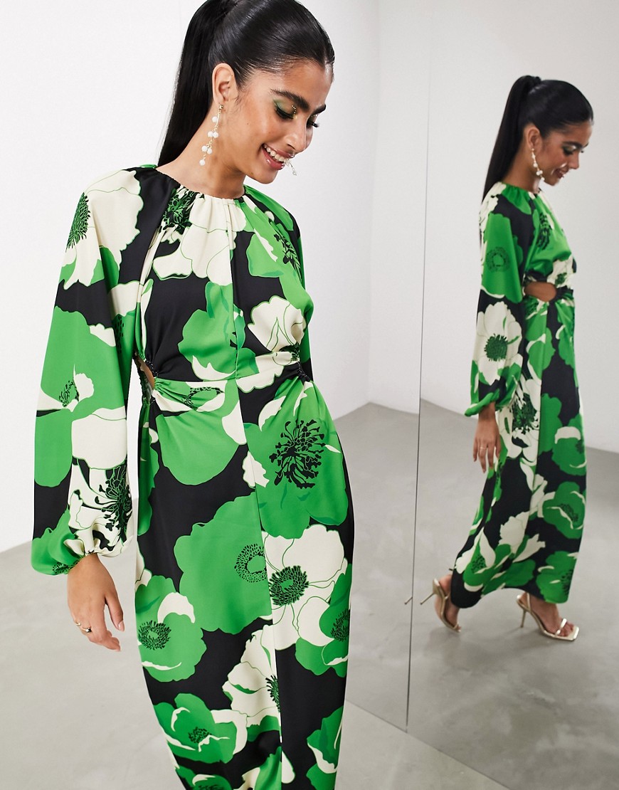ASOS EDITION volume sleeve cut out detail midi dress in green floral print-Multi