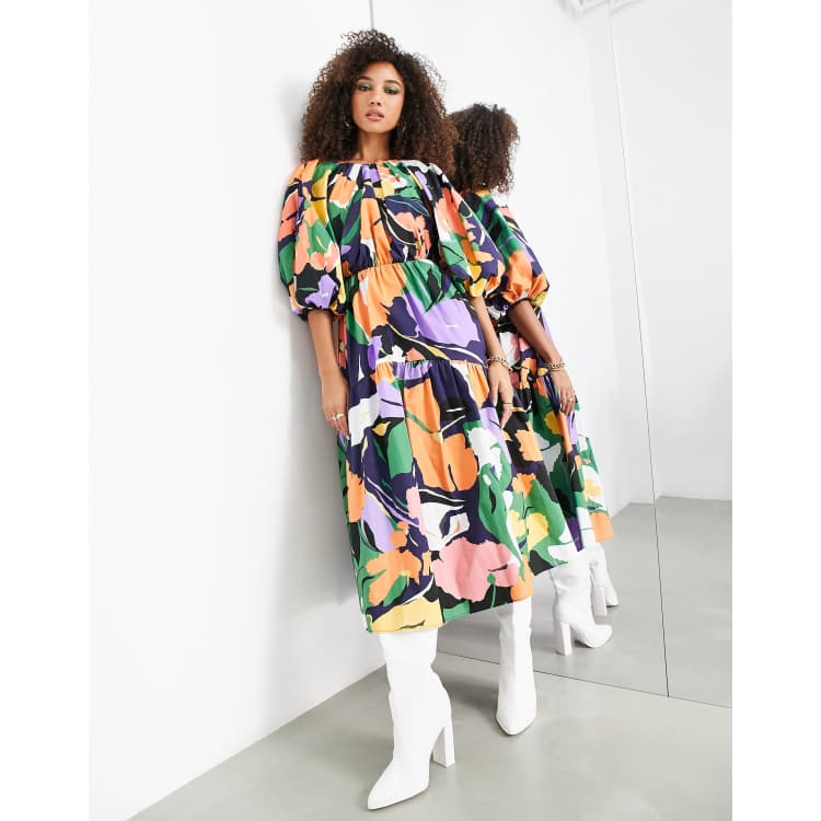 ASOS EDITION volume sleeve midi dress with cut-out back in abstract print