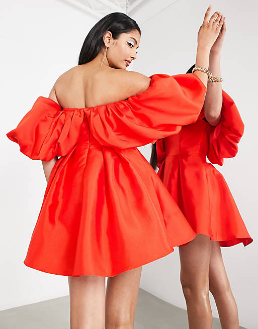 ASOS EDITION volume sleeve mini dress with full skirt in red