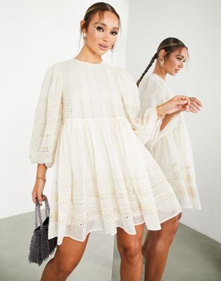 ASOS EDITION volume sleeve mini smock dress with linear lace trim in cream-White