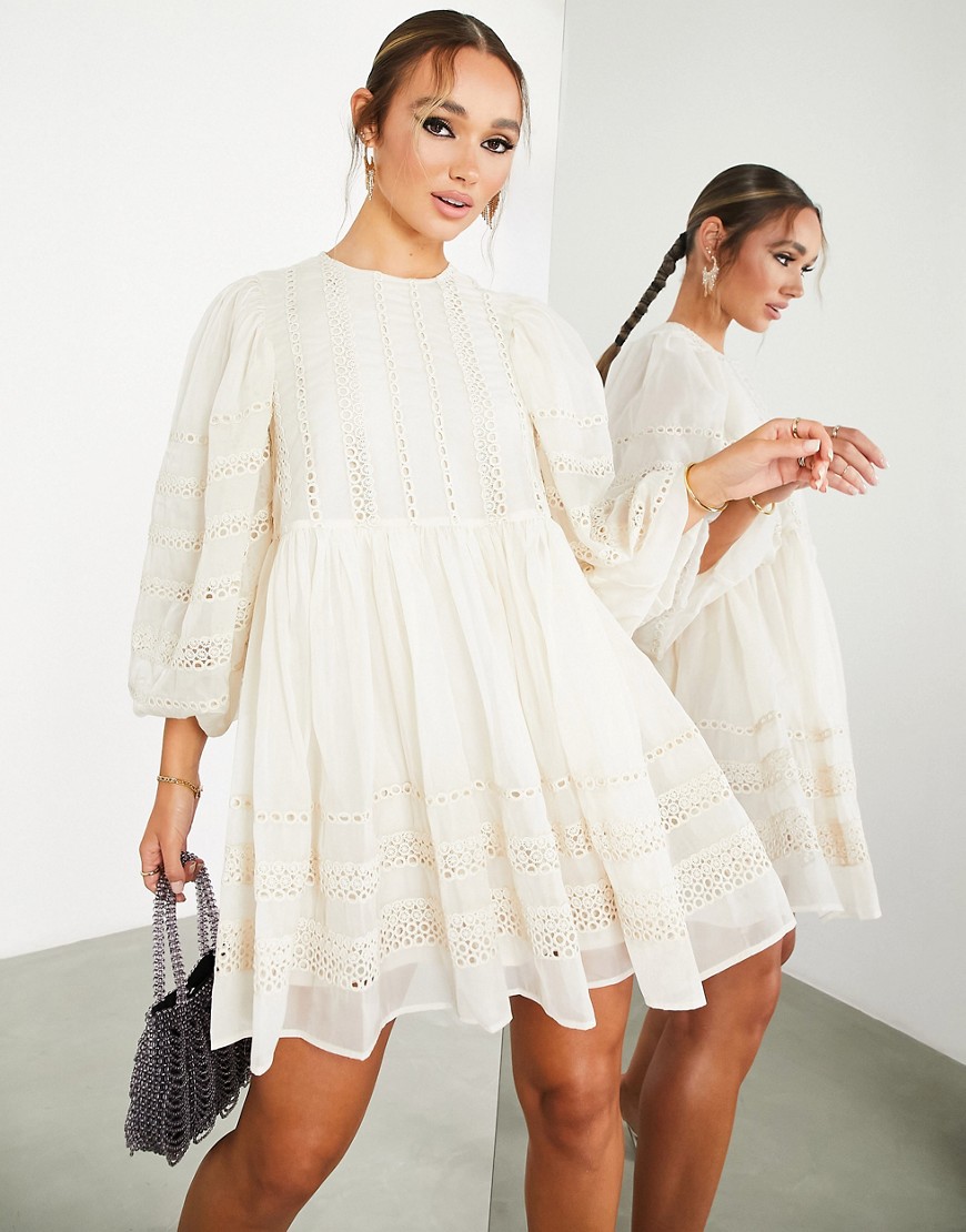 ASOS EDITION volume sleeve mini smock dress with linear lace trim in cream-White