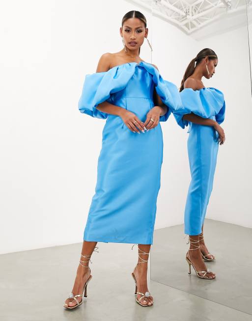 ASOS EDITION volume sleeve satin midi dress in azure blue