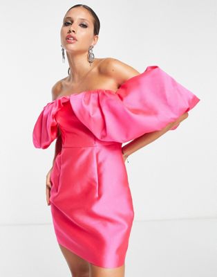 Asos Design Volume Sleeve Satin Mini Dress In Hot Pink