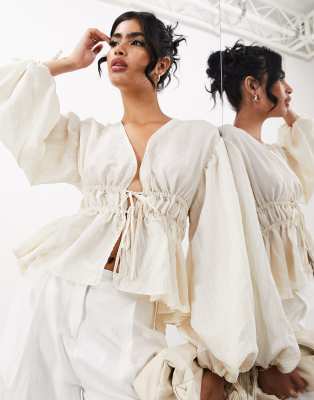 ASOS EDITION ASOS EDITION volume sleeve top with ruching detail in cream stripe-White