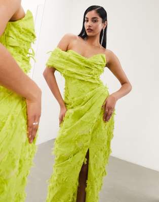 ASOS EDITION - Wadenlanges, strukturiertes Kleid in Limettengrün mit Korsett und gefaltetem Detail