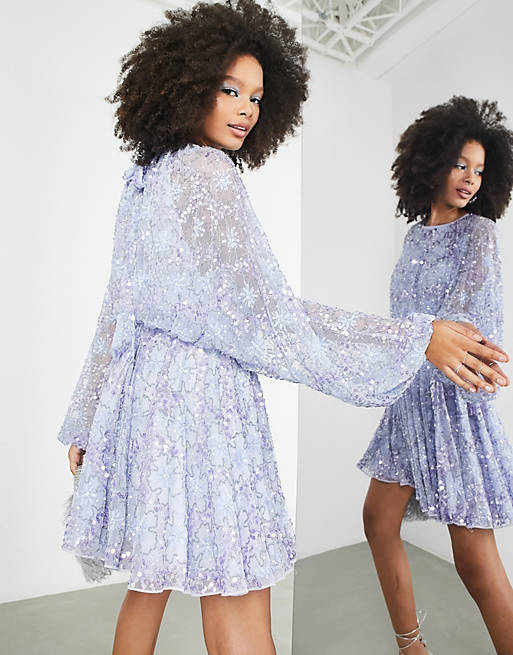 ASOS EDITION waisted blouson sleeve floral embellished mini dress in lilac