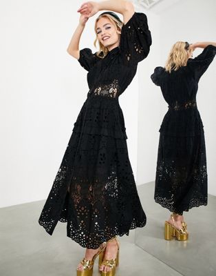 ASOS EDITION waisted broderie midi shirt dress with puff sleeve in black - ASOS Price Checker
