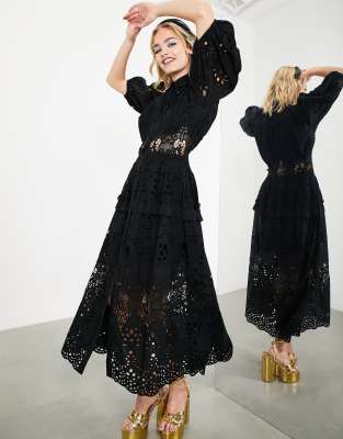 asos edition broderie midi dress with balloon sleeves ASOS EDITION tiered broderie midi dress with ruffle in white