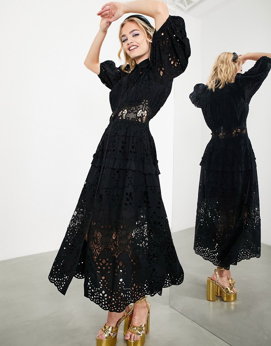 ASOS EDITION waisted broderie midi shirt dress with puff sleeve in black