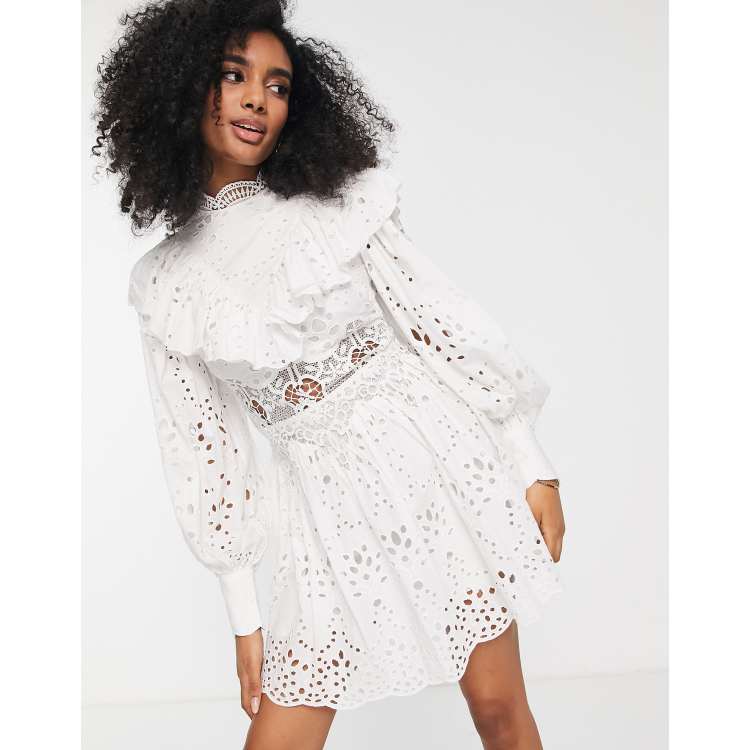 ASOS EDITION waisted broderie mini dress with ruffle detail in white