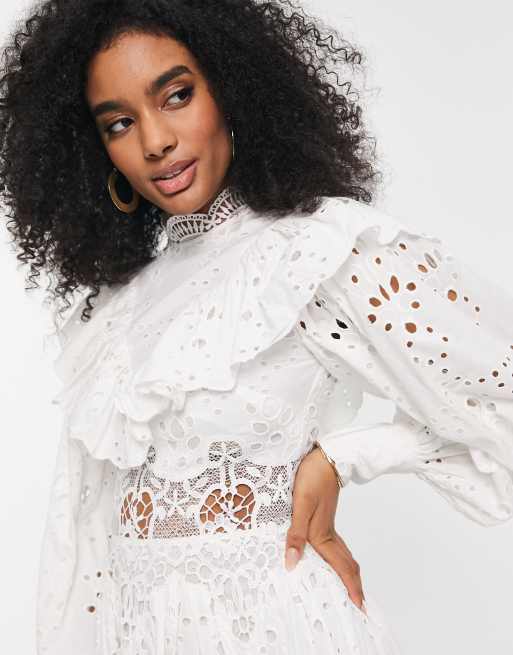 ASOS EDITION broderie ruffle collar top in white