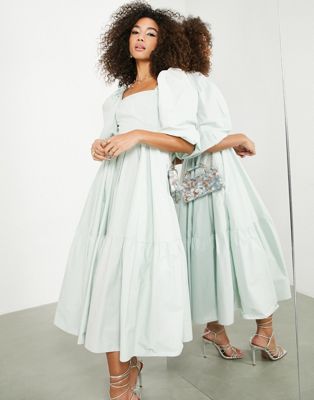 ASOS EDITION waisted midi dress with tiered hem in sage green