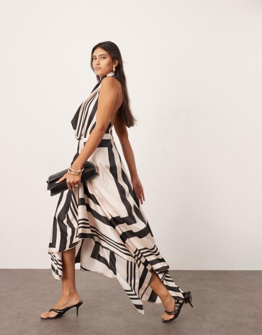 ASOS Edition – Warstwowa satynowa sukienka midi z dekoltem typu halter w nieregularne paski