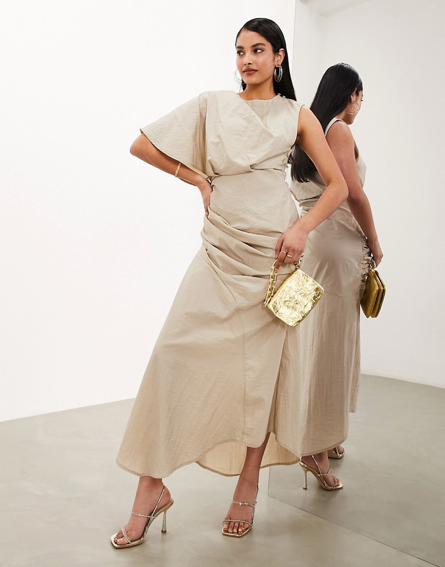 ASOS EDITION washed one shoulder midaxi dress with ruched detail in beige-Neutral