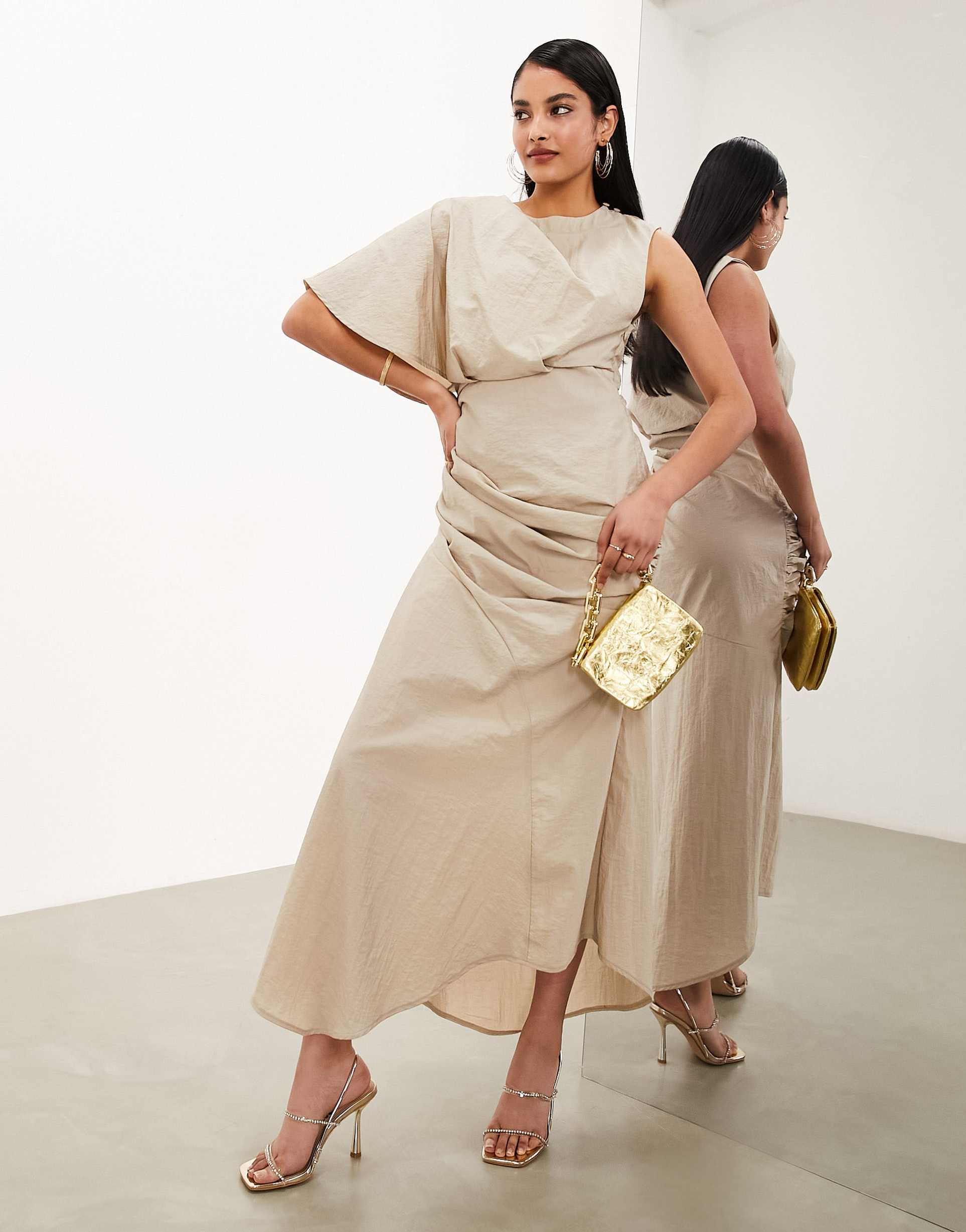 asos edition washed one shoulder midaxi dress with ruched detail in beige