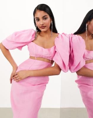 washed puff sleeve midaxi dress with cut out waist detail in pink