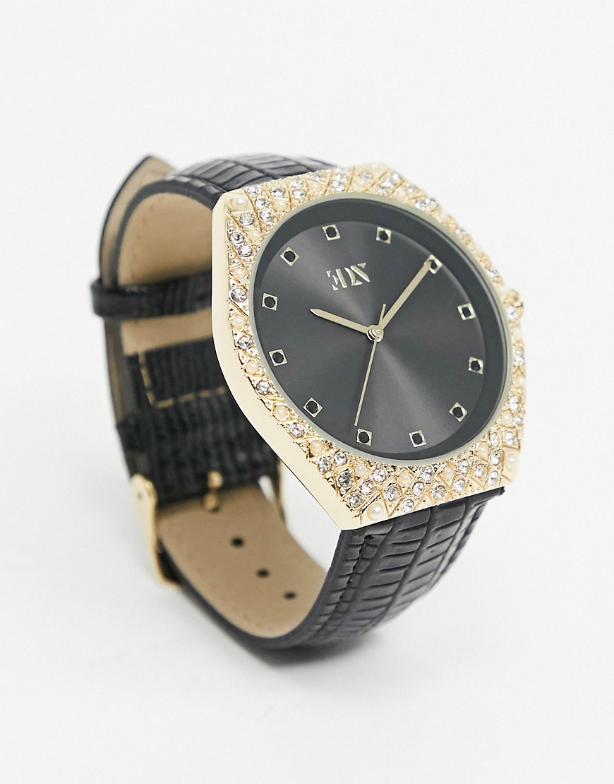 ASOS EDITION watch in black with crystal and pearl details